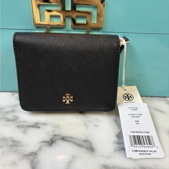 Tory Burch Handbags - Tory Burch Black Saffiano Leather Emerson Bifold Wallet NWT